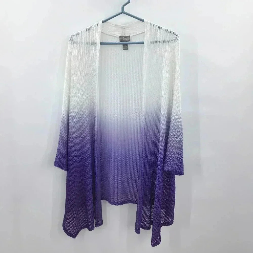 Women Chicos Travelers Waterfall Duster 1 Wrap Lagenlook Purple White Ombre Mesh